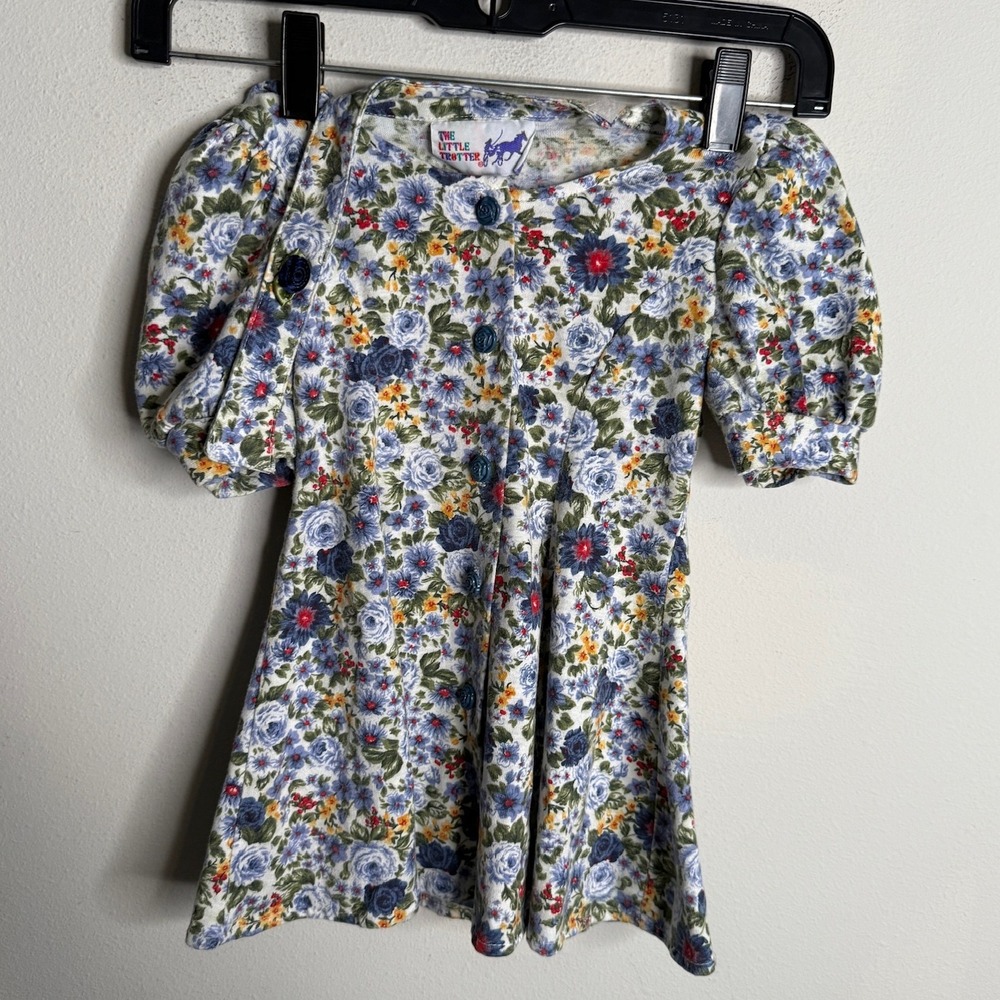 Vintage The Little‎ Trotter Girls 4 Blue Floral Puff Sleeve Button Front Dress